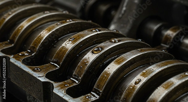 Fototapeta "Industrial macro of machine parts with oil and grime, emphasizing wear and usage."

