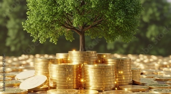 Obraz A tree growing from a pile of gold coins, symbolizing financial growth, investment, and wealth.