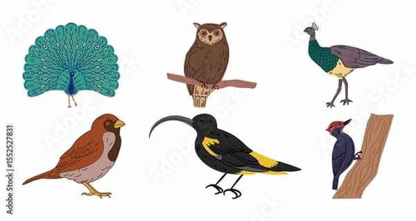 Obraz Colorful bird illustration set including owl, peacock, sparrow, and woodpecker.