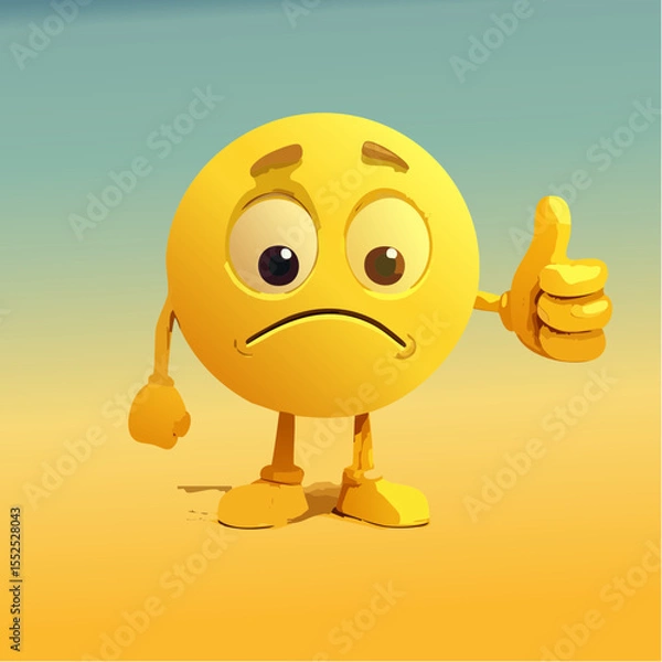 Fototapeta A Yellow Emoticon: Frown Face with one Thumb Down and the other up 7