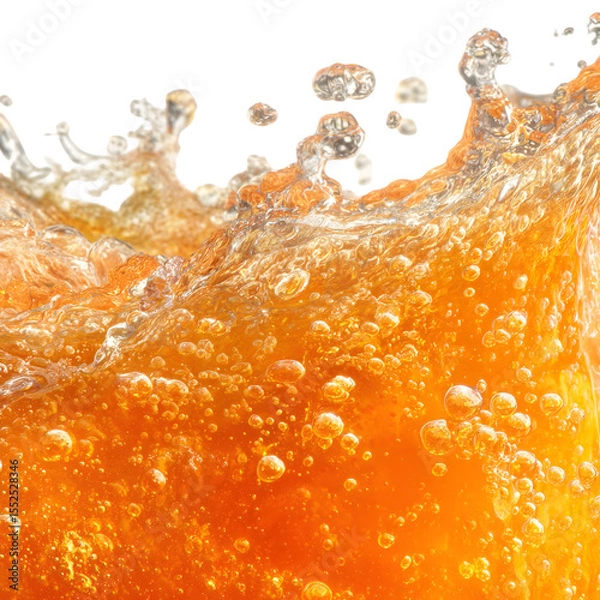 Fototapeta Refreshing splash of orange juice with bubbles and droplets against a dark background, showcasing vibrant color and dynamic movement.