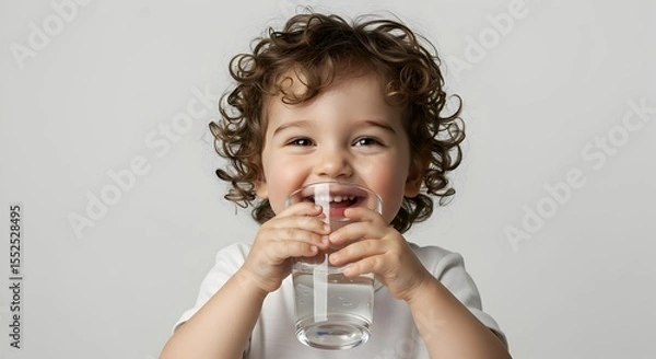 Obraz Curly-haired child smiles brightly while drinking water from a clear glass
