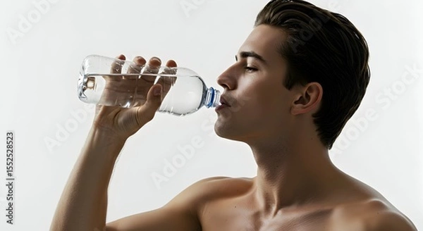 Obraz Hydrated man drinking water from a plastic bottle against a white background
