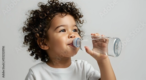 Obraz Thirsty toddler with curly hair drinks water from a clear plastic bottle