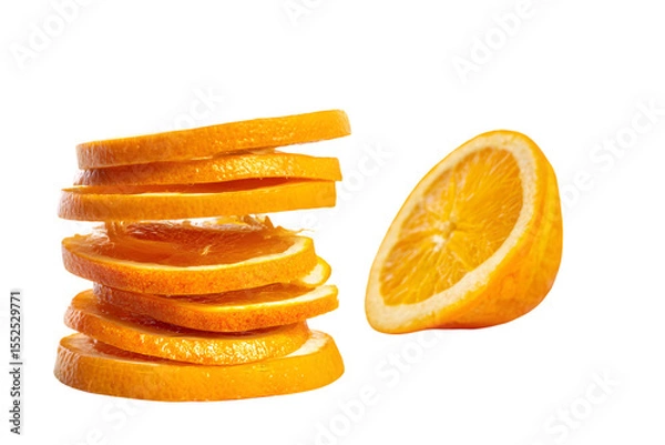 Fototapeta Stack of orange slices and half orange on a black backdrop creates a vibrant and refreshing composition.