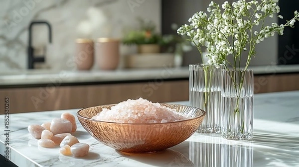 Fototapeta Pink Himalayan Salt in Bowl with Crystals and Flowers on Marble Countertop Display