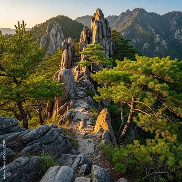 Fototapeta Serene Rocky Path Through Pine Forest in Mountain Landscape By Generated AI