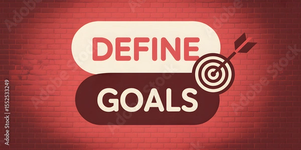 Fototapeta "Define Goals" text with arrow and target on red brick wall background
