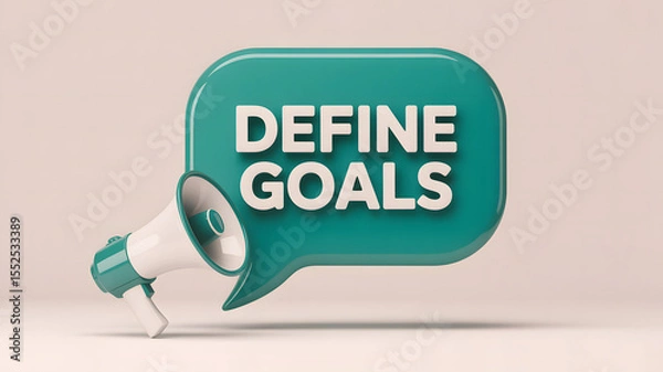 Fototapeta "DEFINE GOALS" text with megaphone and green 3D speech bubble
