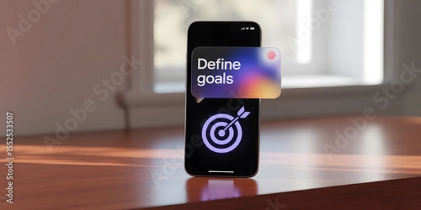 Fototapeta "Define goals" text with target icon on smartphone screen and gradient bubble
