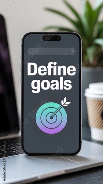 Fototapeta "Define goals" text on smartphone with gradient target icon on laptop
