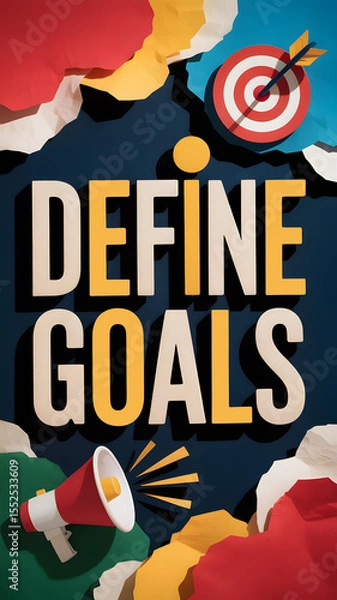 Fototapeta "DEFINE GOALS" text in vertical design with target and megaphone illustrations
