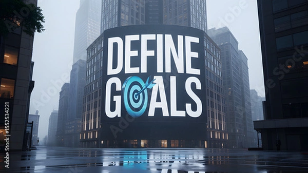 Fototapeta "DEFINE GOALS" text on curved LED billboard in foggy cityscape with target icon
