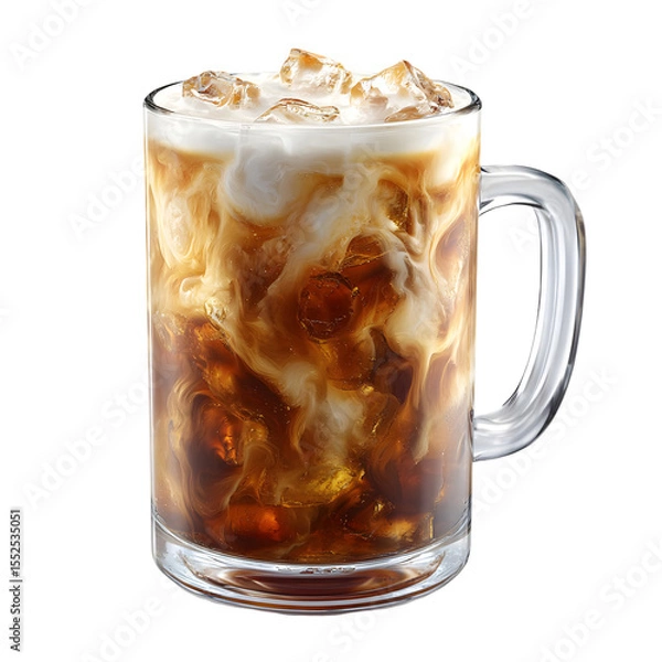 Fototapeta Enjoy a refreshing iced coffee drink in a clear glass mug, featuring swirling cream and melting ice against a dark background.