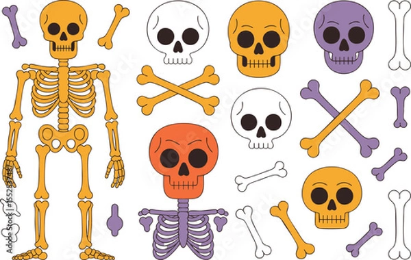 Fototapeta Halloween Skeleton and Skull Collection Vector Illustration: A Creepy Assortment of Bones, Skulls, and Skeletons for Your Halloween Designs on a Black Background