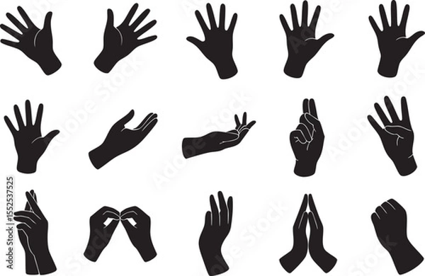 Fototapeta Hand Silhouettes Collection Vector Illustration: A Diverse Set of Hand Gestures and Poses for Your Designs on a Black Background, Perfect for Adding a Human Touch