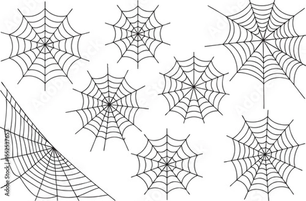 Fototapeta Spiderweb Collection Vector Illustration: An Array of Intricate Spiderwebs for Your Designs on a Black Background, Perfect for Adding a Touch of Creepiness