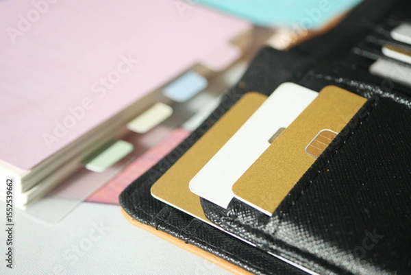 Fototapeta Wallet with cards and documents on a table