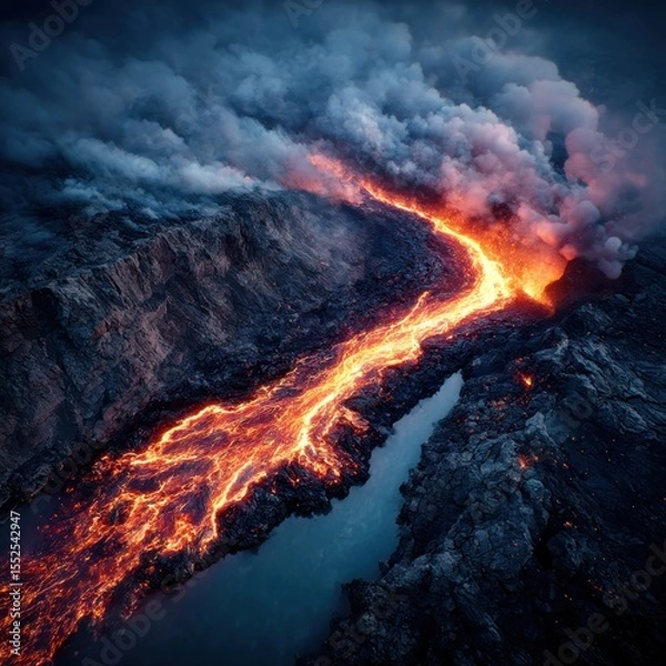 Obraz Volcanic lava flow at night