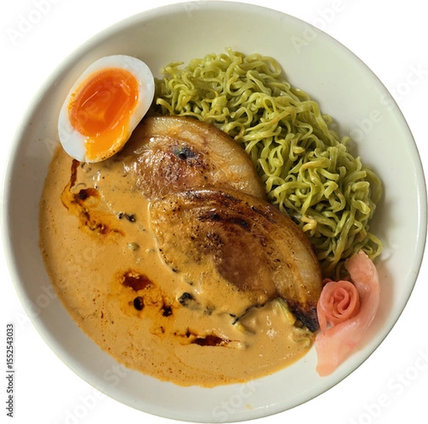 Fototapeta “Green Ramen Noodles in Creamy Broth with Pork and Soft-Boiled Egg”