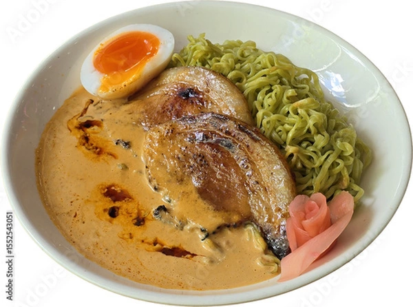 Fototapeta “Green Ramen Noodles in Creamy Broth with Pork and Soft-Boiled Egg”