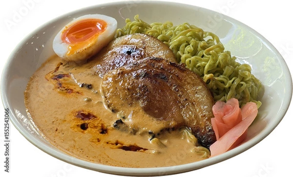 Fototapeta “Green Ramen Noodles in Creamy Broth with Pork and Soft-Boiled Egg”