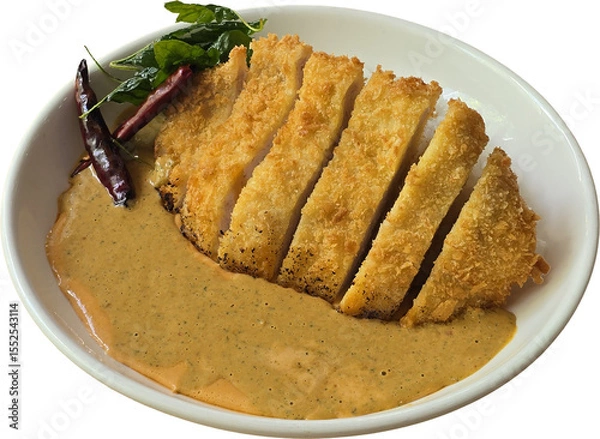 Fototapeta “Crispy Breaded Pork Cutlet with Creamy Curry Sauce and Dried Red Chili Garnish”