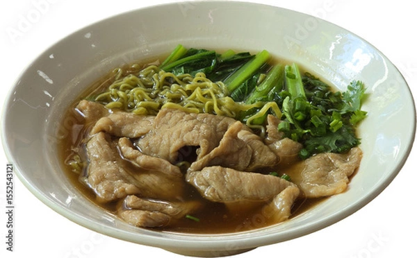 Fototapeta “Hearty Pork Noodle Soup with Leafy Greens in Clear Broth”