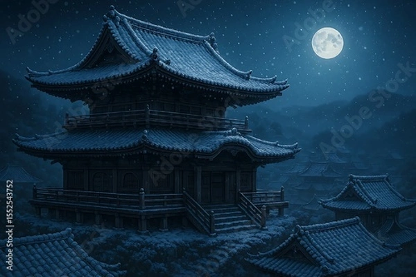 Fototapeta Peaceful traditional Japanese temple covered in snow under a glowing full moon, surrounded by dark mountains. Ideal for winter, travel, architecture, and cultural spiritual backgrounds.