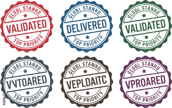Fototapeta A vector set of grunge rubber stamps shows Validated delivered validated global stanrd top priority seal vector image editable stock vector illustration