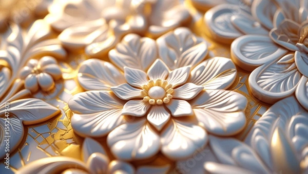 Obraz Elegant White Floral Carvings on a Golden Textured Background
