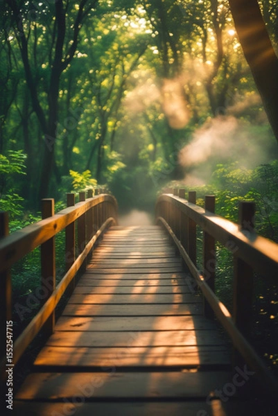 Obraz Enchanted Forest Path with Wooden Bridge and Golden Sunlight
