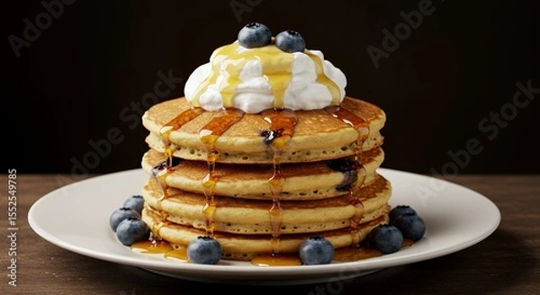 Fototapeta Indulge in a Stack of Fluffy Blueberry Pancakes Drizzled with Honey and Whipped Cream