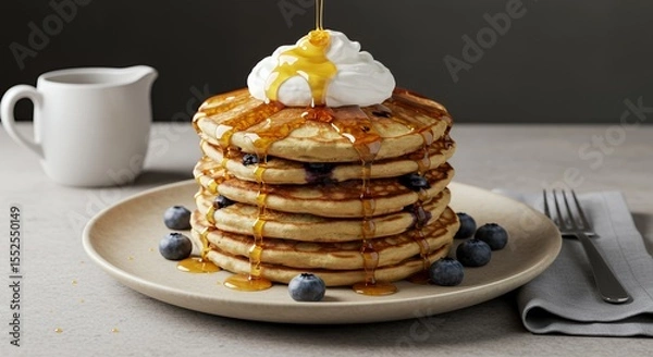 Fototapeta Golden Syrup Drizzles Over a Stack of Fluffy Blueberry Pancakes Topped with Whipped Cream