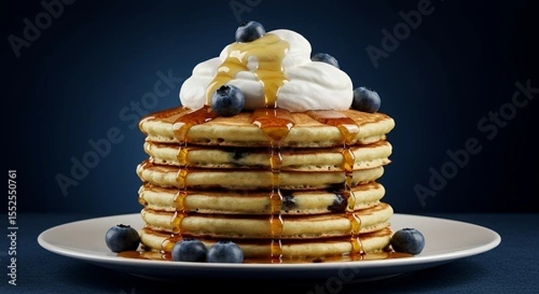 Fototapeta Indulge in a Stack of Fluffy Blueberry Pancakes, Drizzled with Golden Syrup and Topped with Creamy Whipped Cream.