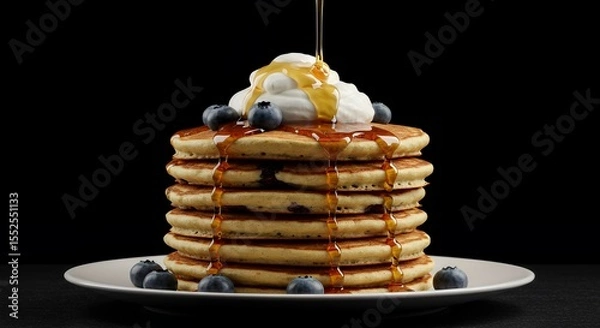 Fototapeta Golden Syrup Drizzles Down a Stack of Fluffy Blueberry Pancakes Topped with Whipped Cream
