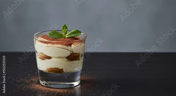 Fototapeta Indulge in this elegant glass of tiramisu, delicately layered and topped with fresh mint.