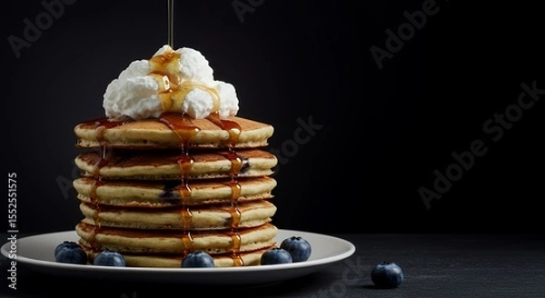 Fototapeta Indulge in a Stack of Fluffy Blueberry Pancakes Drizzled with Golden Syrup