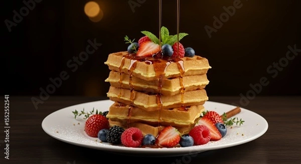 Fototapeta Golden Syrup Drizzles Delightfully Over a Stack of Buttery Waffles Topped with Fresh Berries