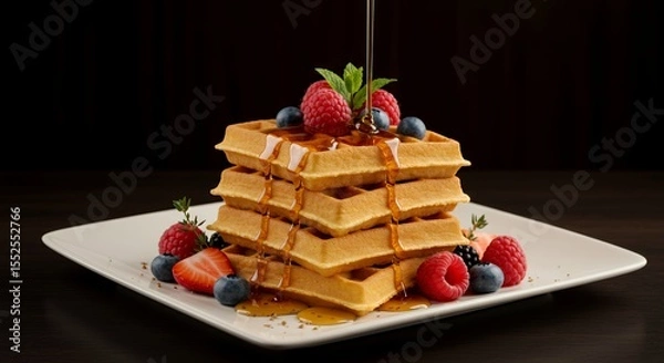 Fototapeta Golden Waffles Topped with Berries and Drizzled Honey, a Delightful Breakfast