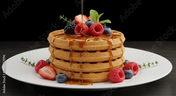 Fototapeta Golden Waffles Topped with Berries and Drizzled with Maple Syrup