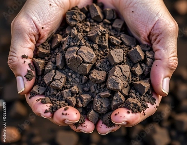 Obraz Hands holding rich, crumbly soil with organic matter, emphasizing earth's fertility and natural texture.