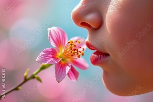 Obraz A close-up of a person's lips near a delicate pink flower with soft, blurred pastel background.
