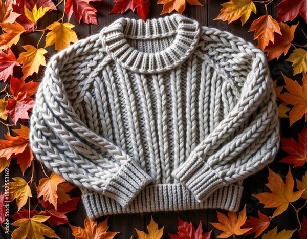 Obraz A cozy, chunky knit gray sweater lies flat on a bed of vibrant autumn maple leaves in red, orange, and yellow hues.