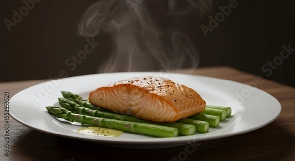Fototapeta Pan-Seared Salmon with Asparagus, a Culinary Delight Steaming on a White Plate