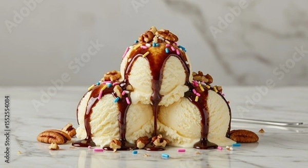 Fototapeta Decadent Vanilla Ice Cream Sundae Drizzled with Chocolate and Topped with Pecans and Sprinkles