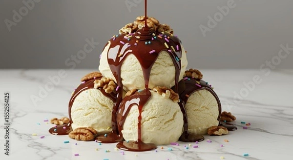 Fototapeta Decadent Vanilla Ice Cream Sundae Drizzled with Rich Chocolate Sauce