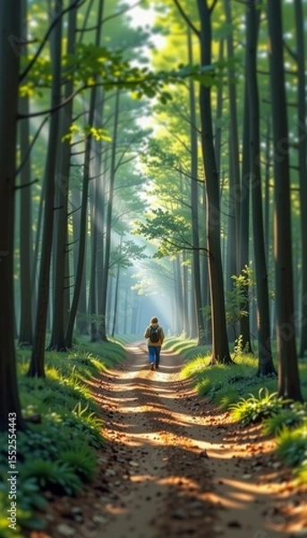 Obraz A lone hiker walks along a sunlit forest path surrounded by tall trees and lush green foliage.