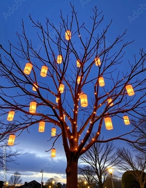 Obraz A leafless tree adorned with glowing lanterns and string lights stands against a twilight sky, creating a warm and festive outdoor ambiance.
