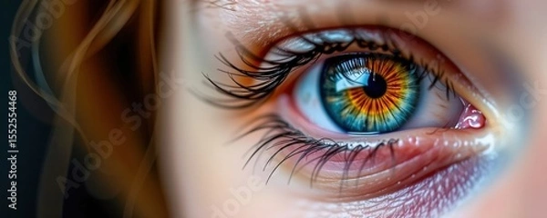 Obraz A close-up of a human eye with striking blue and amber colors, detailed eyelashes, and reflections on the cornea.